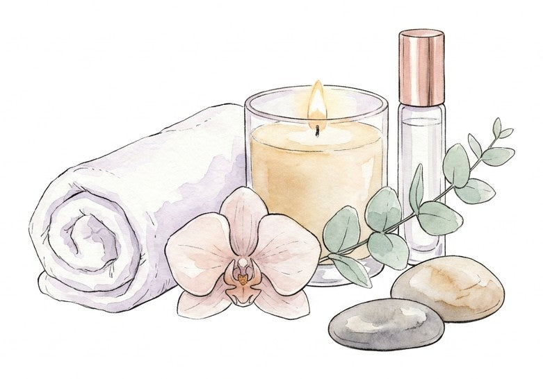 Illustration aquarelle : roll-on LunaLuz, pierres et plantes
