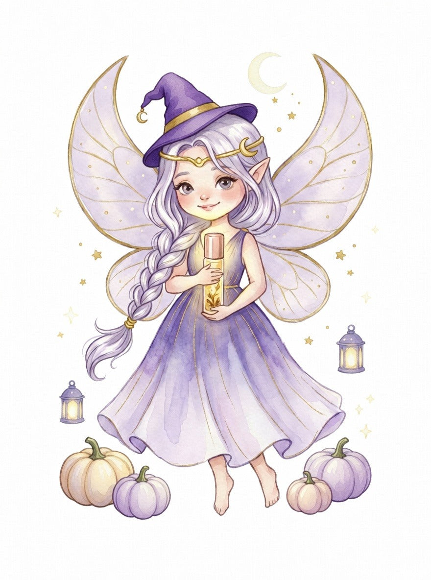 La fée LunaLuz en tenue de Samhain, chapeau de sorcière et roll-on — rituel bien-être d'Halloween