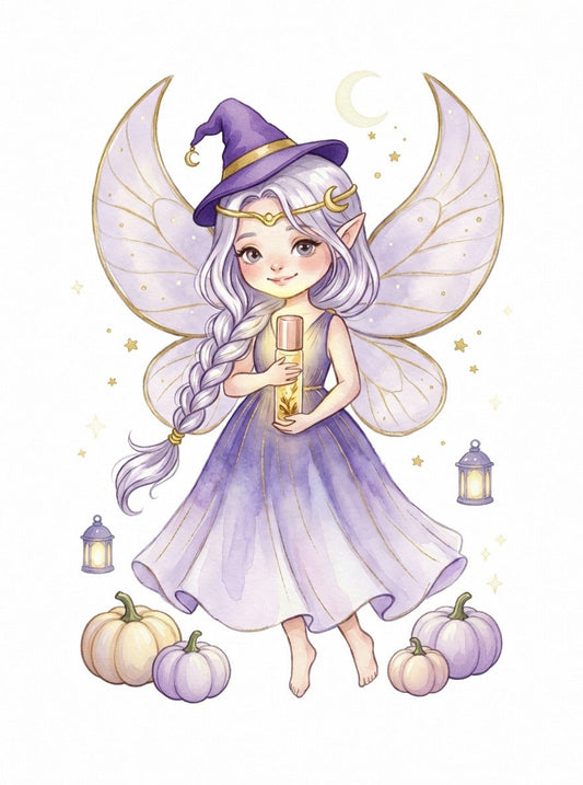 La fée LunaLuz en tenue de Samhain, chapeau de sorcière et roll-on — rituel bien-être d'Halloween