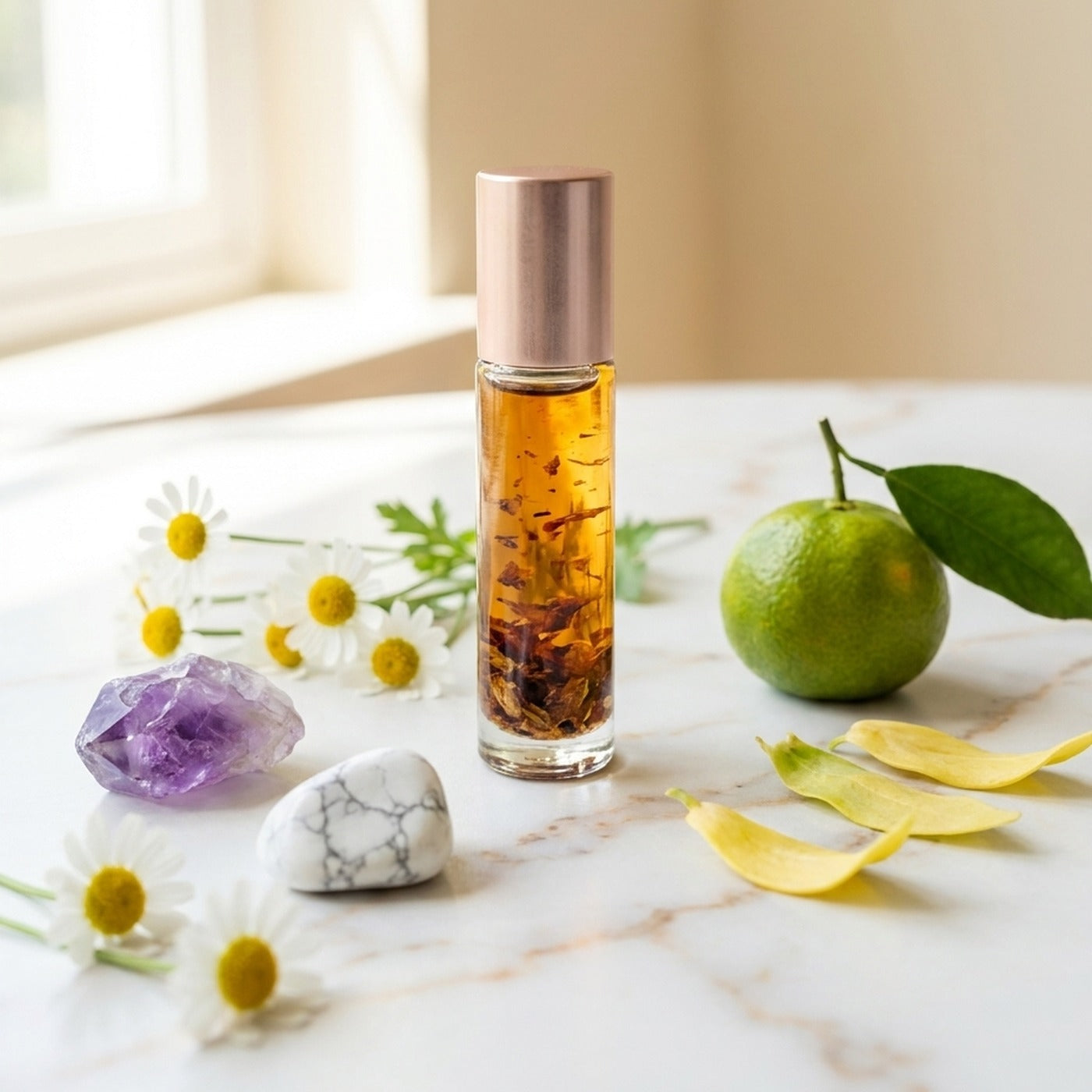Roll-on Anti-Stress sur marbre avec camomille, améthyste, howlite, mandarine verte et pétales d'ylang-ylang