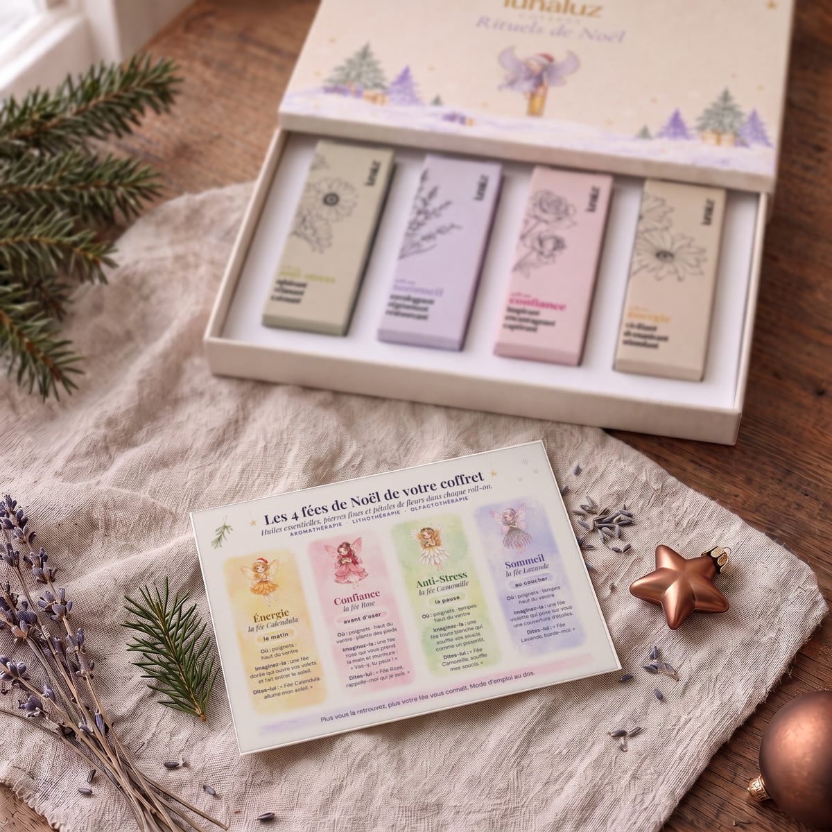 Les 4 fées de Noël du coffret LunaLuz : Énergie, Confiance, Anti-Stress, Sommeil