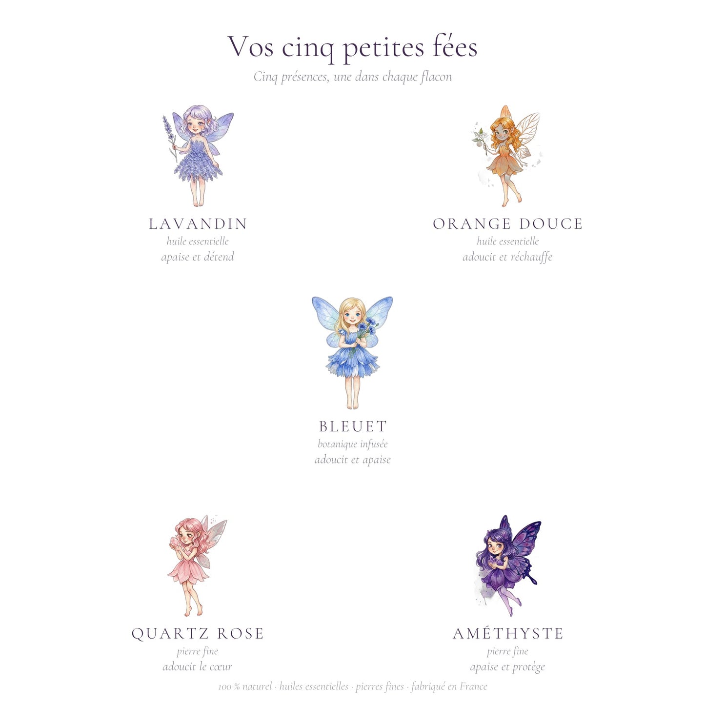 Vos cinq petites fées — Lavandin, Orange douce, Bleuet, Quartz rose, Améthyste