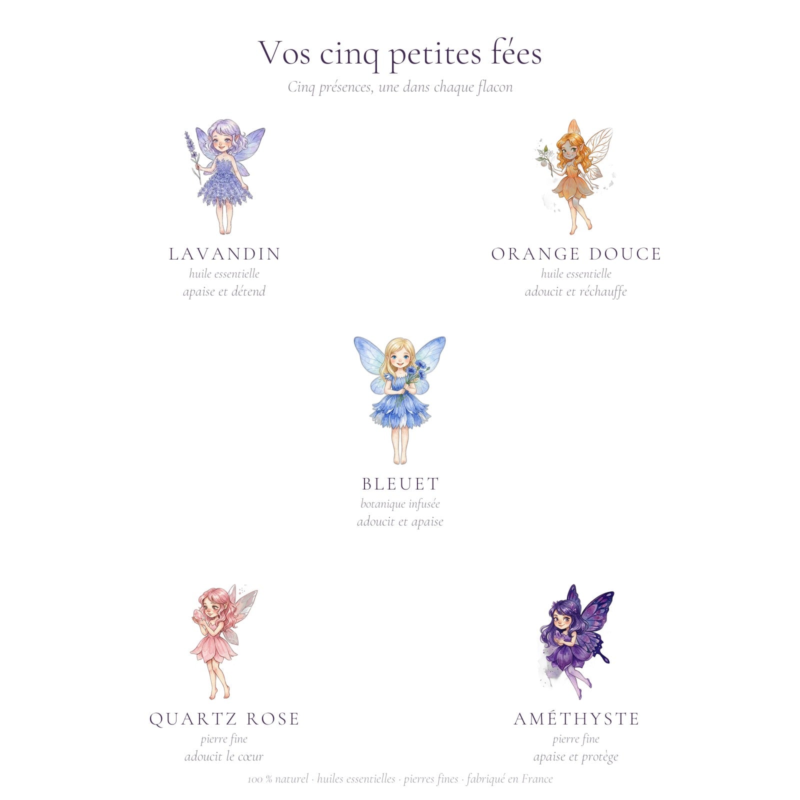 Vos cinq petites fées — Lavandin, Orange douce, Bleuet, Quartz rose, Améthyste