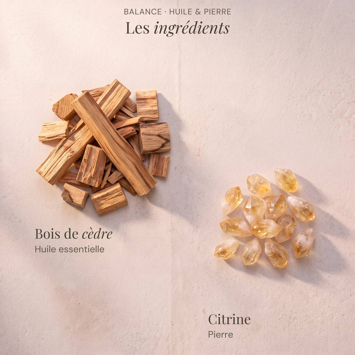 Ingrédients du roll-on astrologique Balance : Bois de cèdre, Citrine.