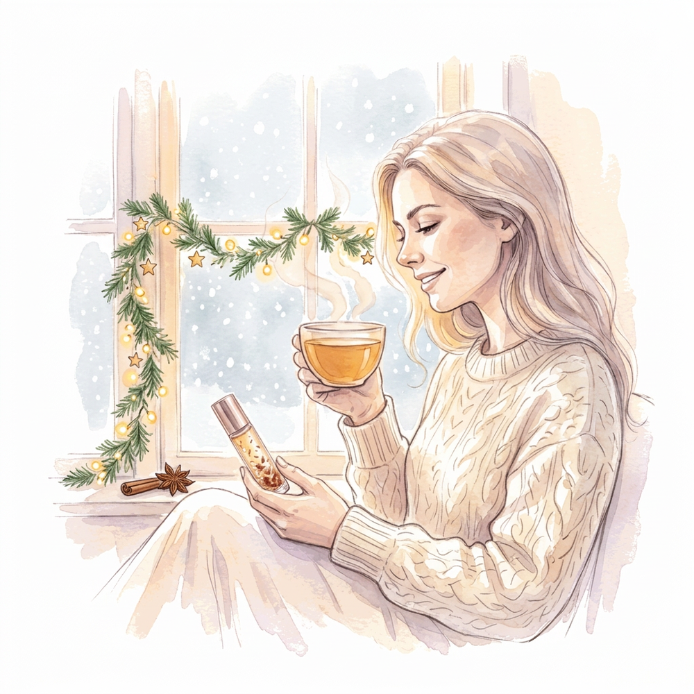 Illustration aquarelle de Noël : une femme savoure un thé près d’une fenêtre enneigée, son roll-on LunaLuz à la main