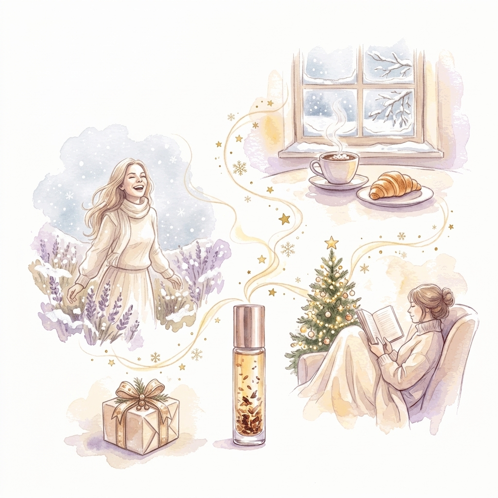 Illustration aquarelle de Noël : le roll-on LunaLuz relié à de bons moments d’hiver, chocolat chaud, balade, lecture près du sapin, cadeau