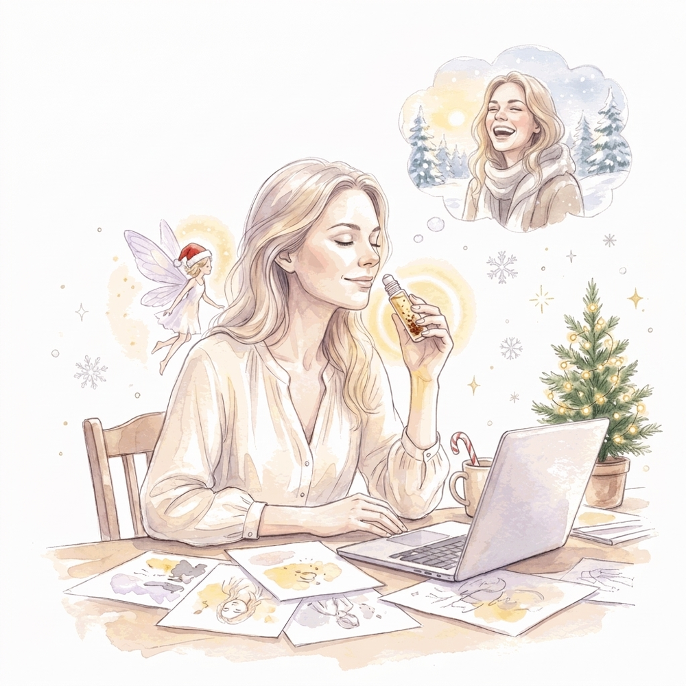 Illustration aquarelle de Noël : une femme respire son roll-on à son bureau, accompagnée de sa fée, et retrouve un bon souvenir