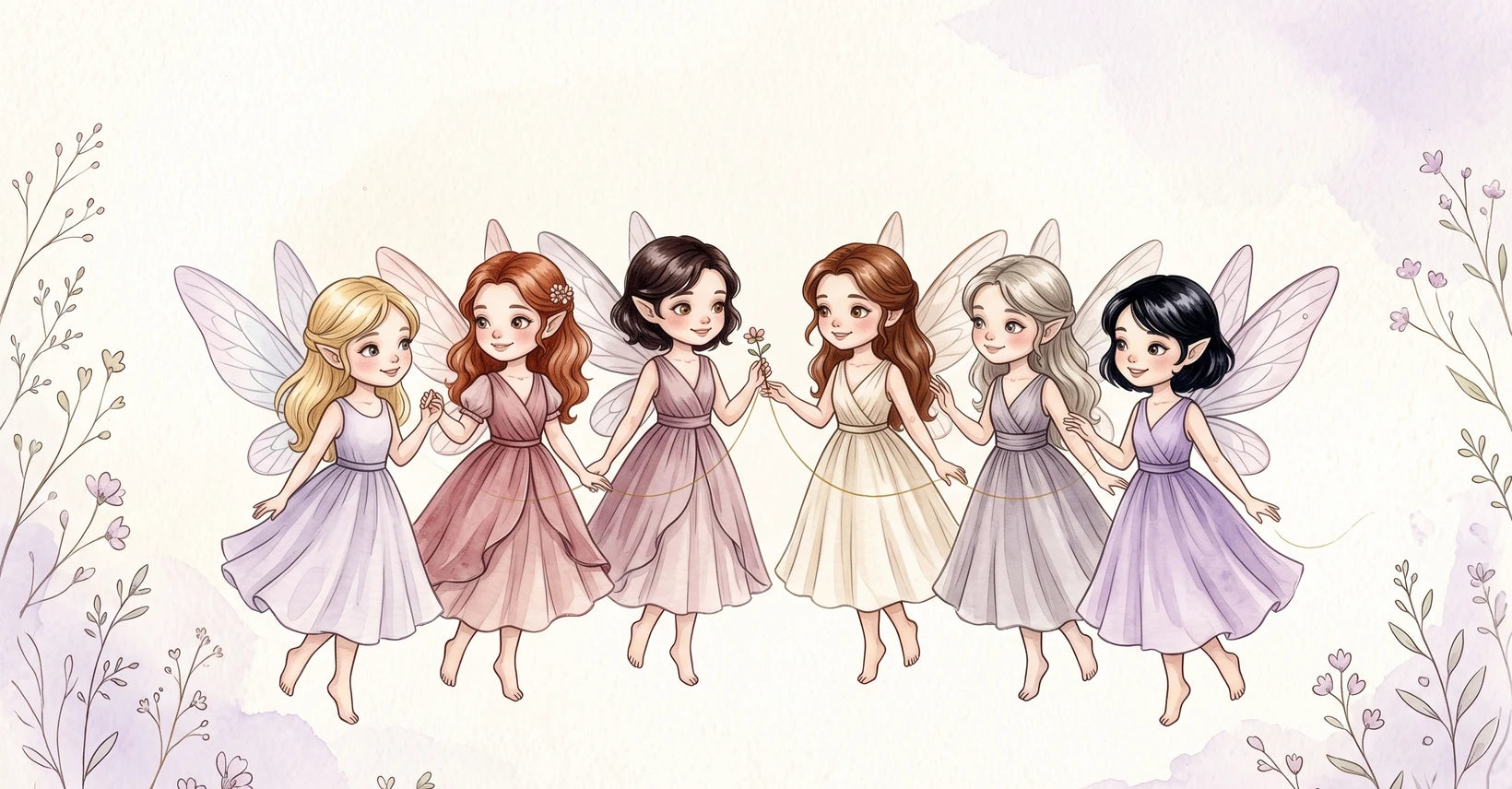 Six petites fées réunies dans une aquarelle fleurie, symbole du cercle des partenaires LunaLuz.