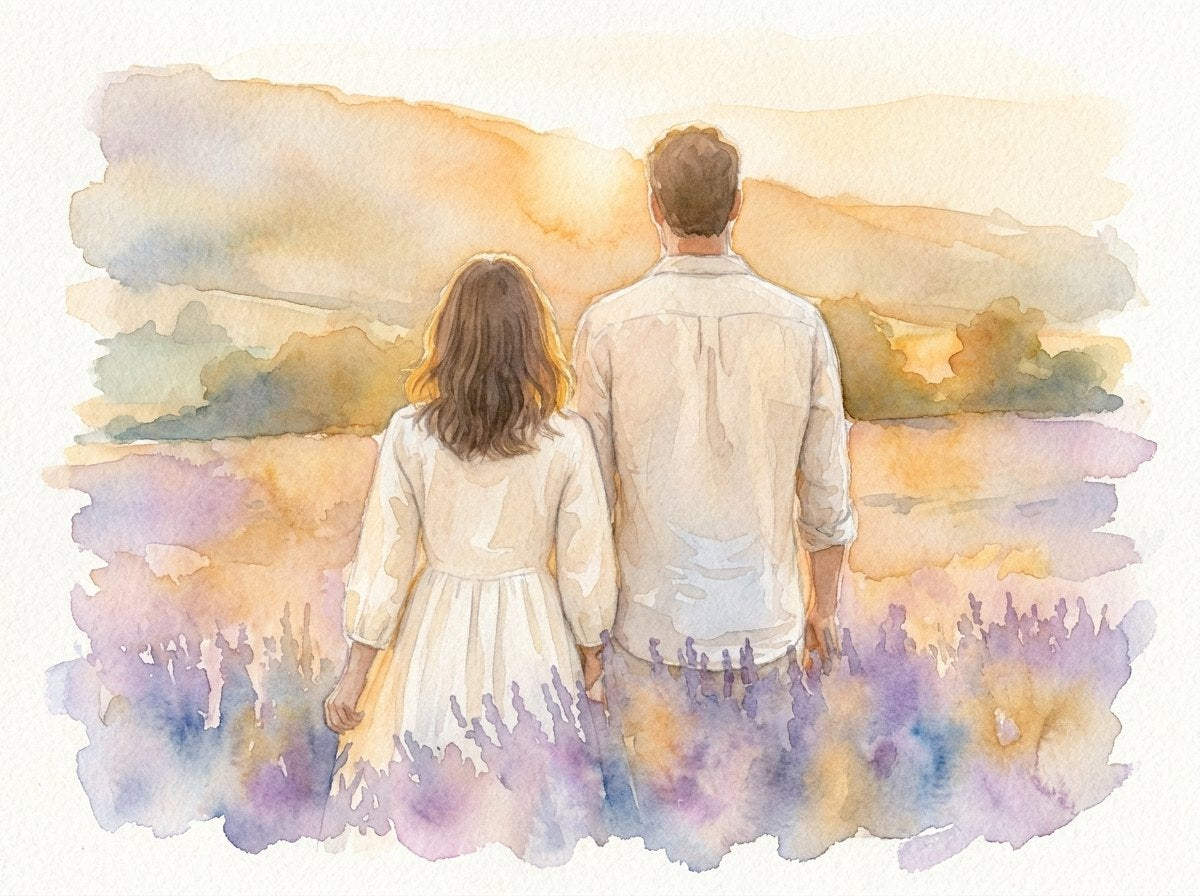 Savana et Marwin, de dos dans un champ de lavande — aquarelle